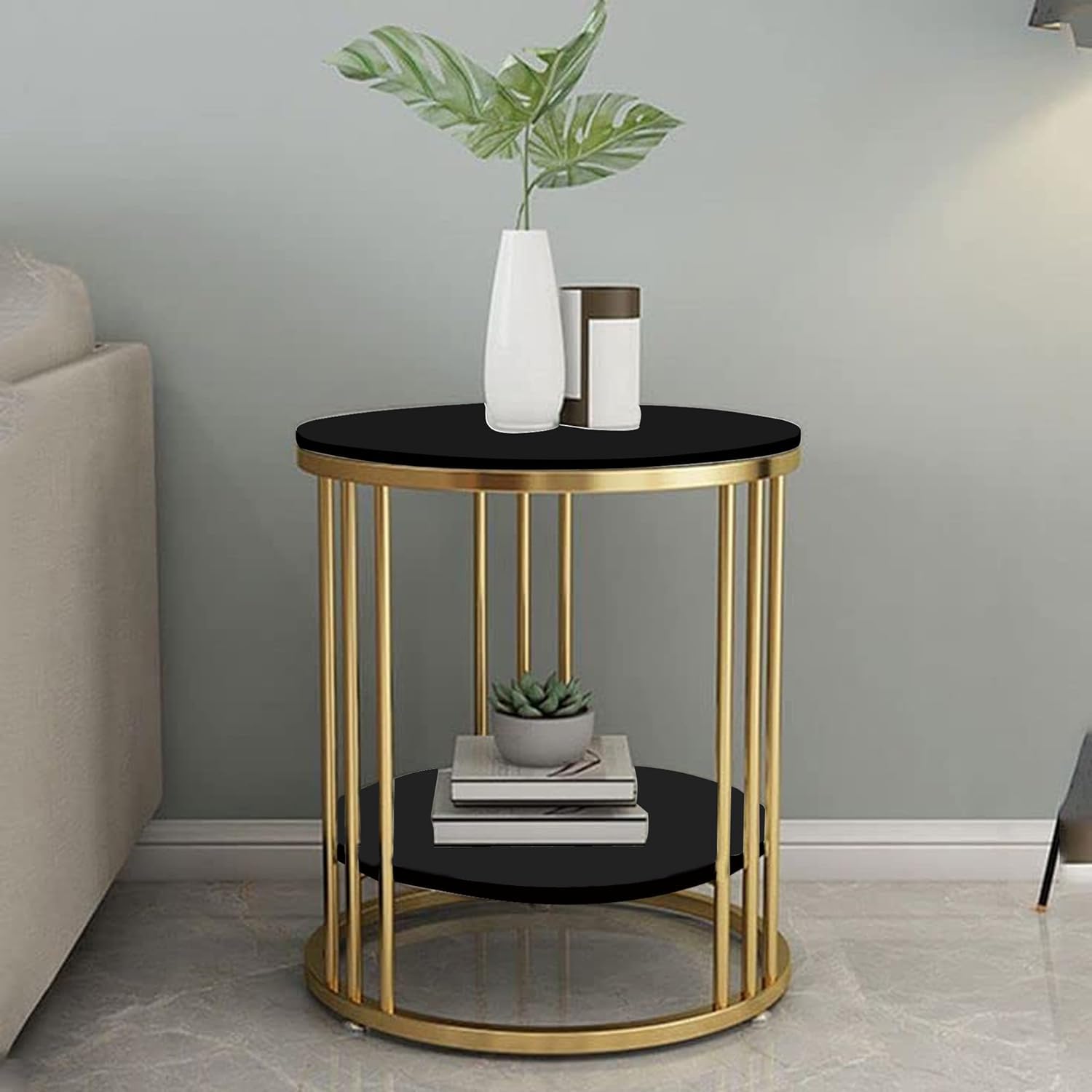 WOODWALLZ Coffee Round Accent Table for Living Room and Balcony with Metal & Engineered Wood Tabletop and Gold Coated Colour Frame (Black Gold)