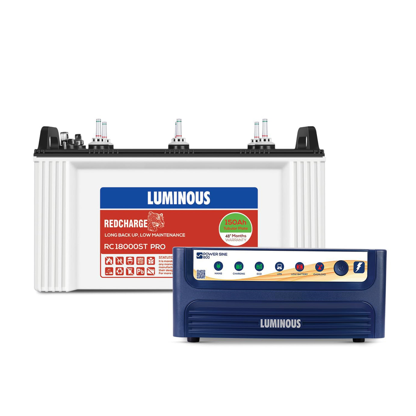 Luminous Inverter & Battery Combo (Power sine 800 Pure Sine Wave 700VA/12V Inverter with RC18000ST PRO Short Tubular 150Ah Battery) for Home, Office & Shops