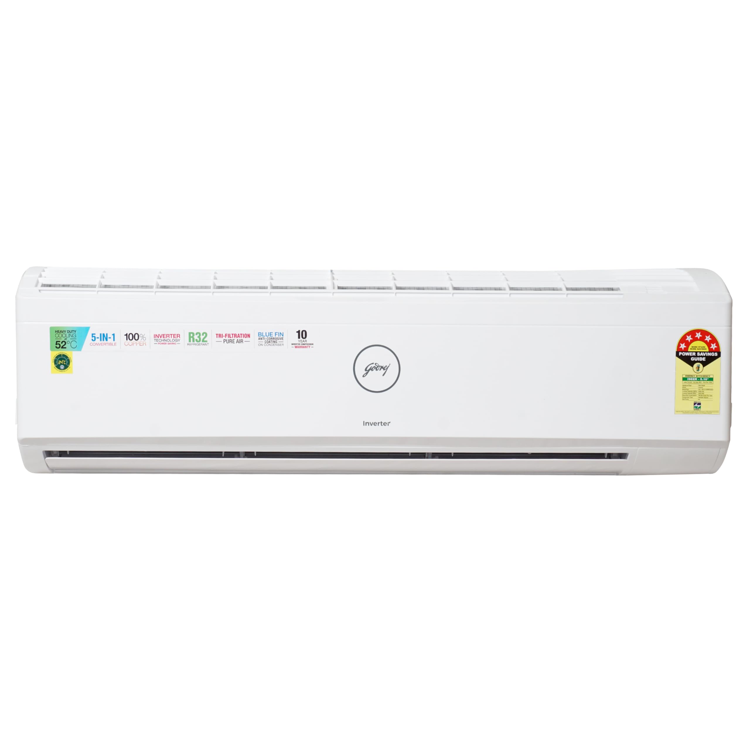 Godrej 1.5 Ton 5 Star, 5-In-1 Convertible Cooling, Inverter Split AC,Anti-Dust Filter (Copper, 2024 Model, SIC 18ITC5-WYS, White)