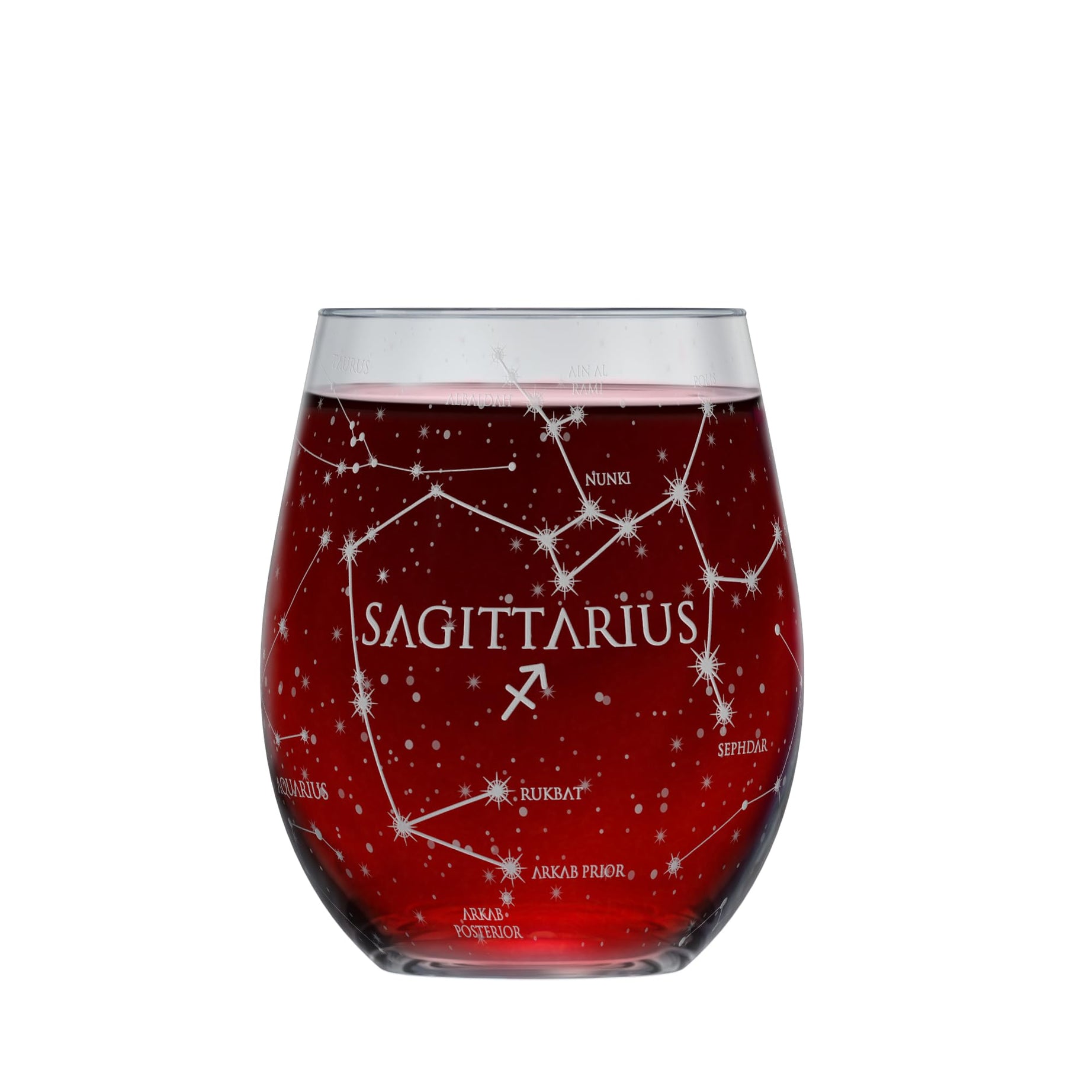 Greenline Goods Sagittarius Stemless Wine Glass | Astrology Sign (Single Glass) | Hand Etched 15 oz – Zodiac Glassware - Star Constellations with Astrological Sign on the Bottom