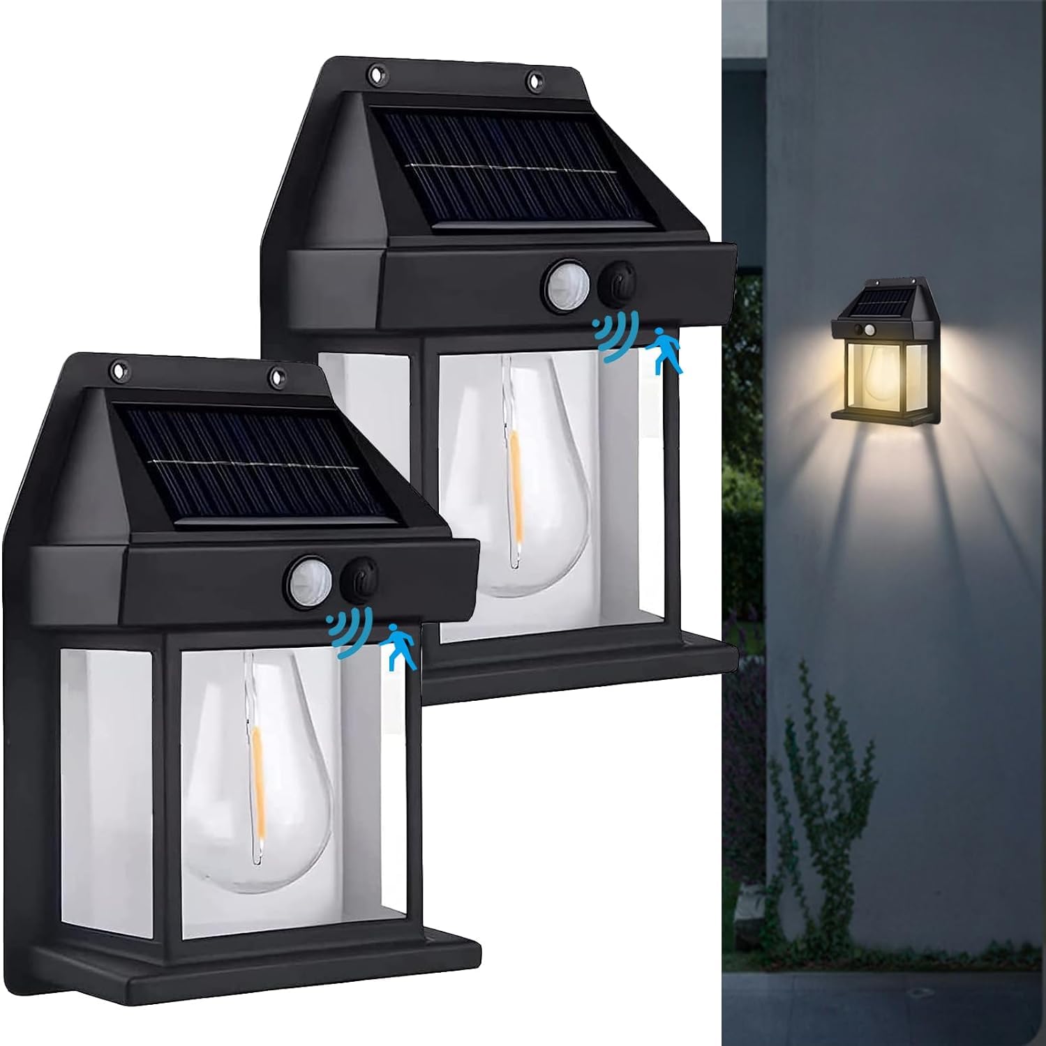 GIGAWATTS Solar Wall Lights Outdoor with Motion Sensor Auto Chargeable Dusk to Dawn Exterior LED Sconce Wireless Front Porch Lamps for Patio Garden Camping Light (Pack of 2, Warm Yellow)