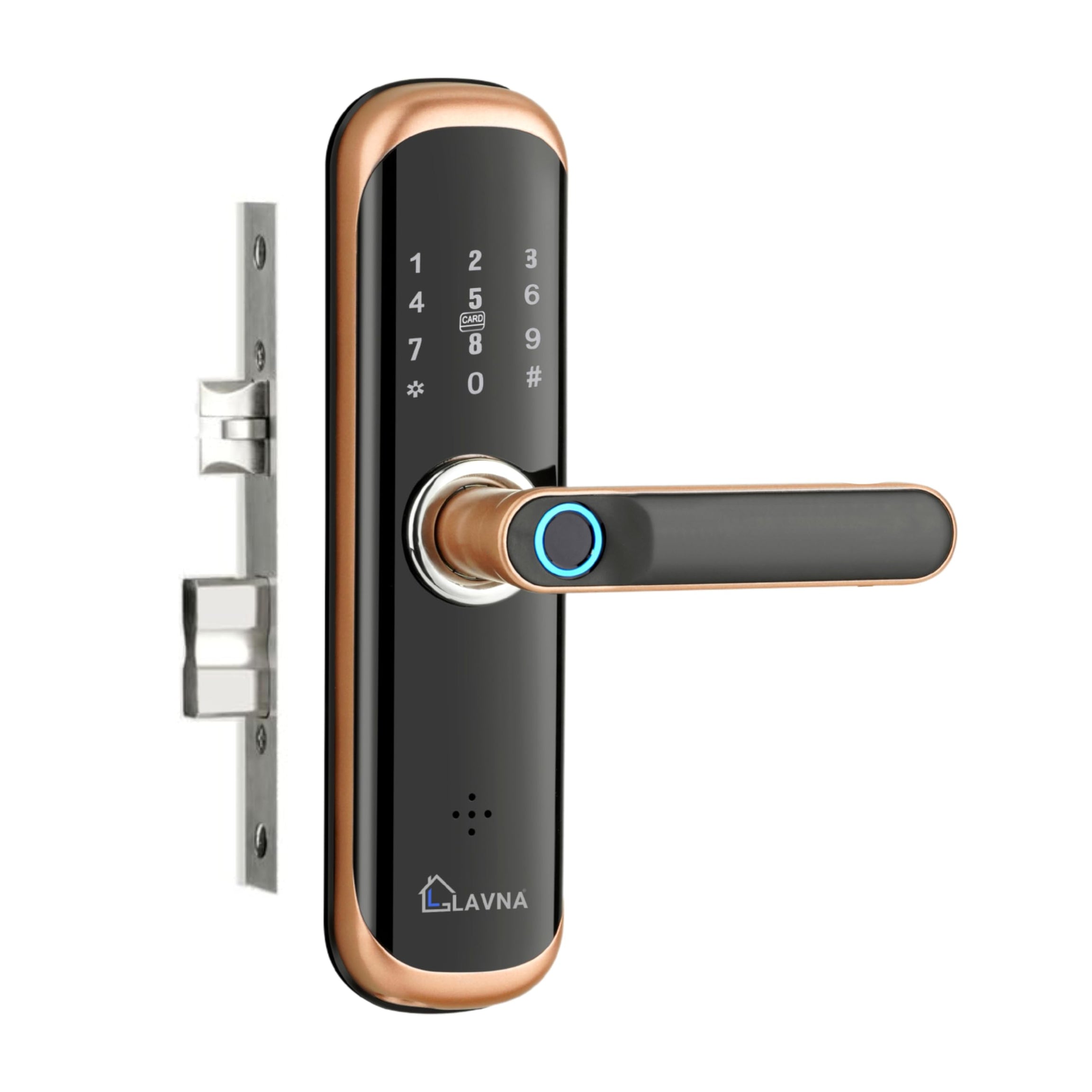 LAVNA Smart Digital Lock L-A28 with Bluetooth Mobile App, Fingerprint, PIN, OTP, RFID Card and Manual Key Access for Wooden Doors (Gold), Aluminum