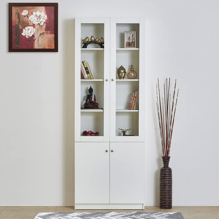 Home Centre Reynan White Solid Engineered Wood Two-Door Book Case with 5 Shelves