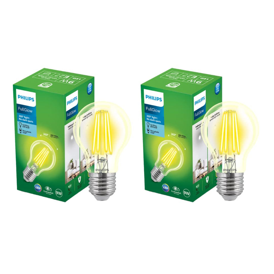 PHILIPS 9-watt LED Clear Glass Light Bulb | Bulb Base: E27, 700 Lumen Full Glow Clear LED Bulb for Home Decoration | Warm White, Pack of 2