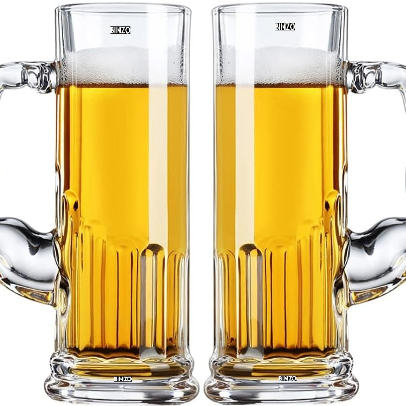 BINZO Glass Muscle Beer Mugs Sets, Large Heavy Mug With Handle, 600 Ml, Set Of 2, Beer Stein Glass For Bar, Alcohol, Beverages (2) - Transparent