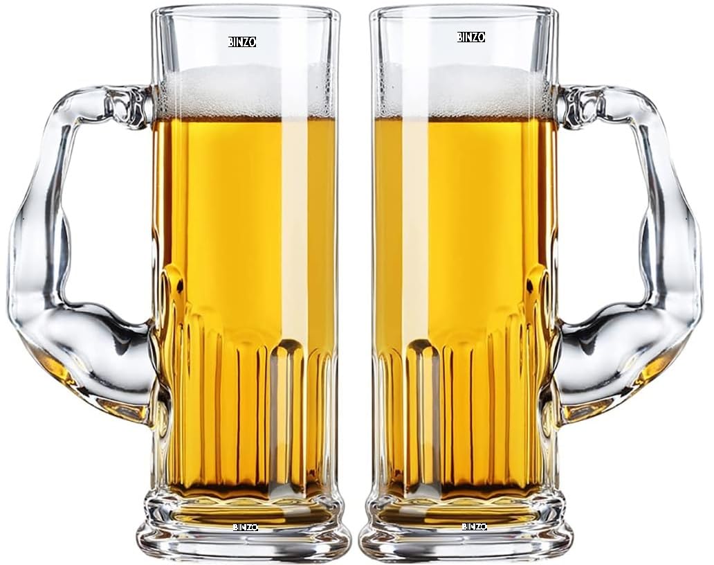 BINZO Glass Muscle Beer Mugs Sets, Large Heavy Mug With Handle, 600 Ml, Set Of 2, Beer Stein Glass For Bar, Alcohol, Beverages (2) - Transparent