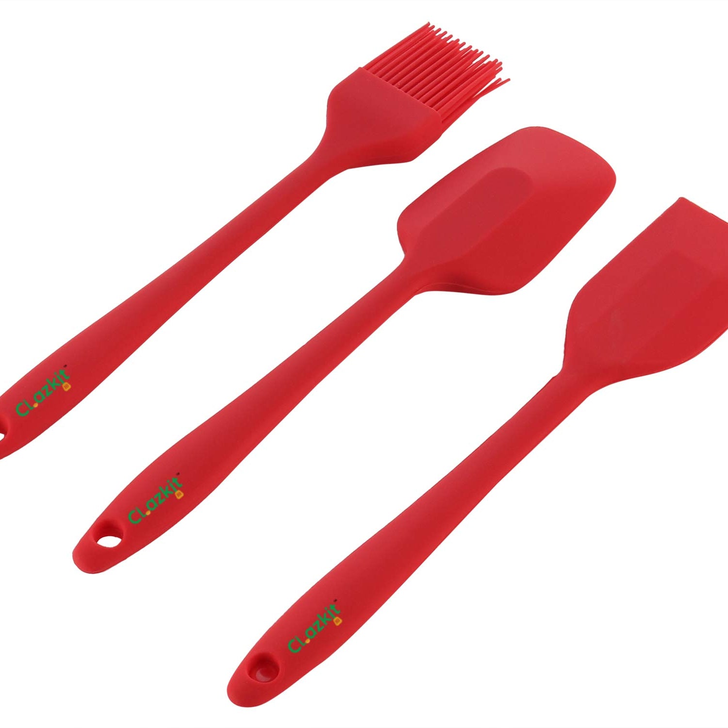 Clazkit Premium Silicone Non-Stick Spatula and Brush with Scraper for Cooking, Baking and Mixing with Stainless Steel Core, 3-Pieces,Red,Length 21.5 cm