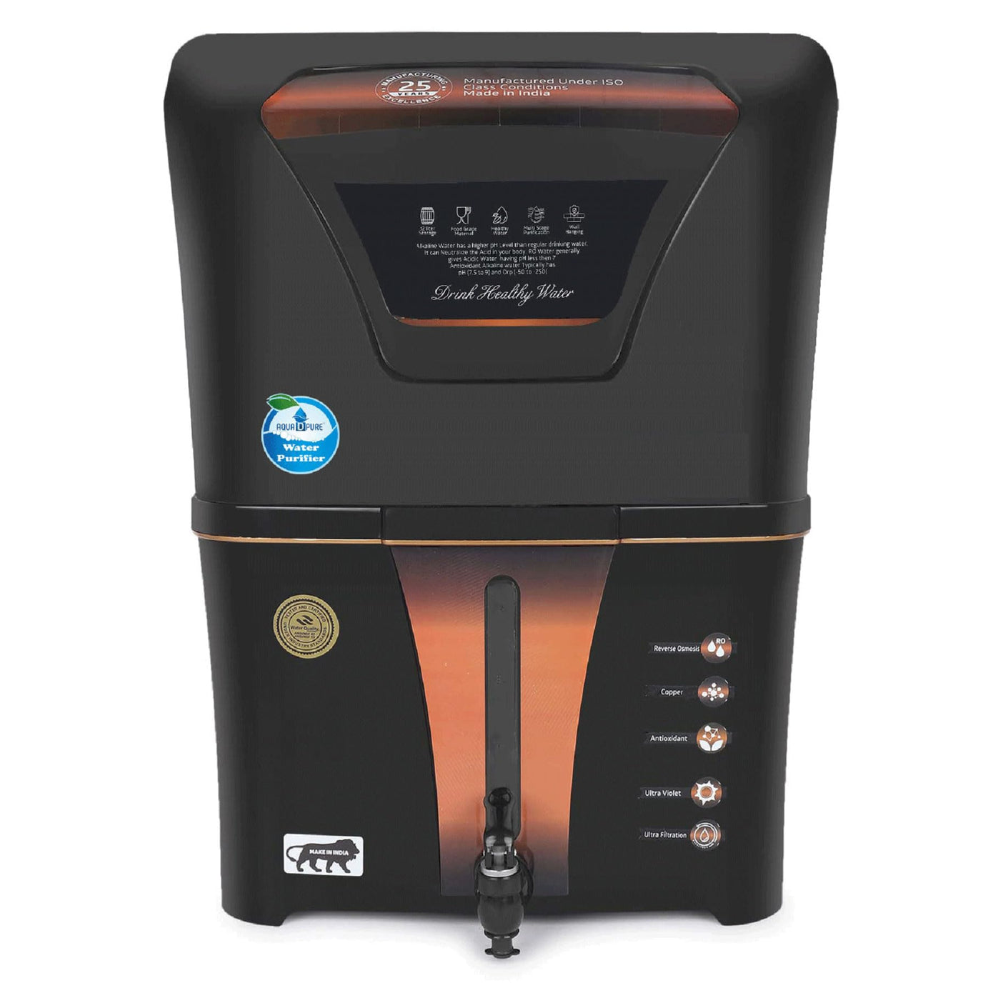 AQUA D PURE Copper + Mineral RO+UV+UF 10 to 12 Liter RO + UV + TDS ADJUSTER Water Purifier with Copper Charge Technology black & copper Best For Home and Office