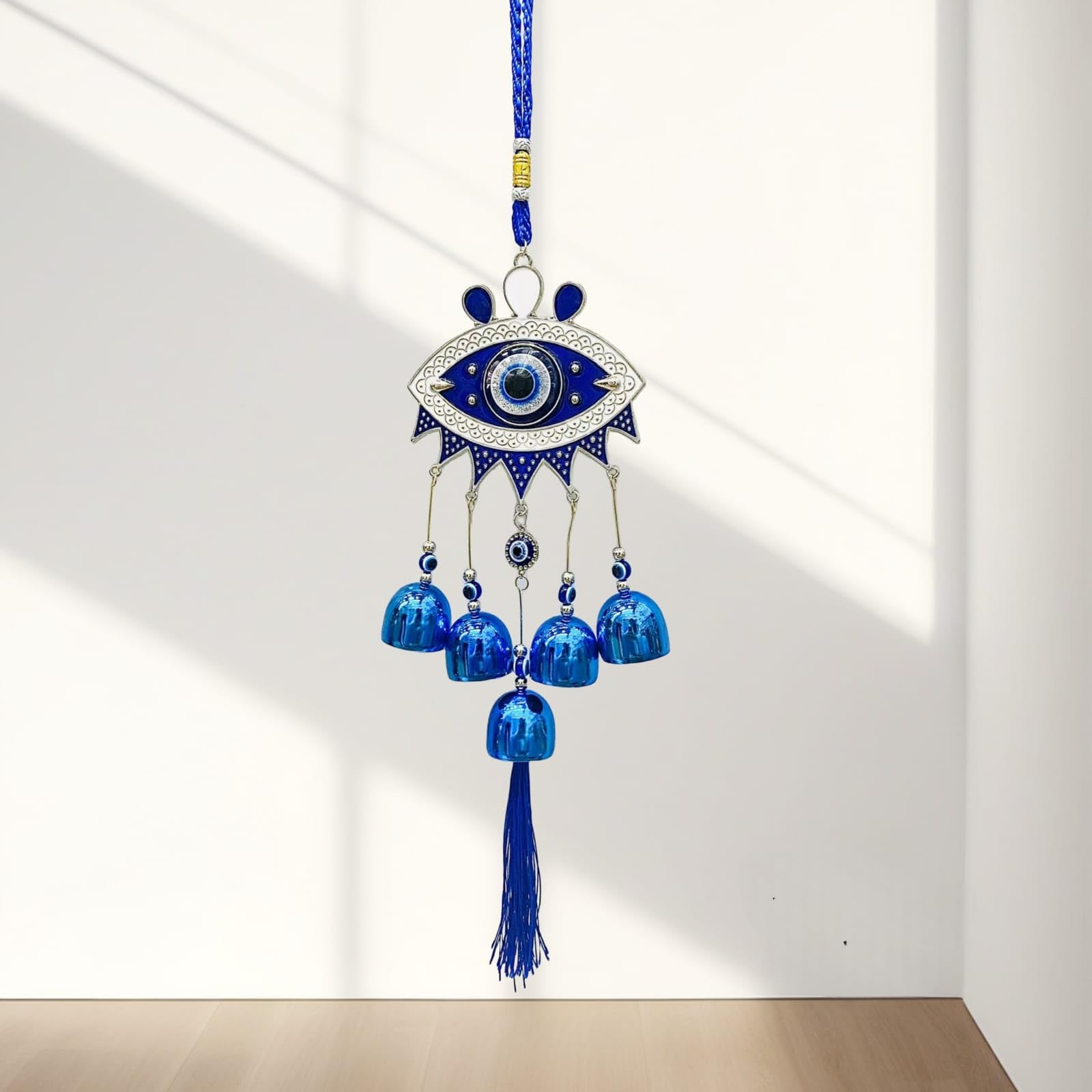 Ryme Feng Shui Evil Eye Wind Chimes with 5 Bells for Main Door Balcony Wall Hanging for Positive Vibes & Removes Negative Energy (Thread)