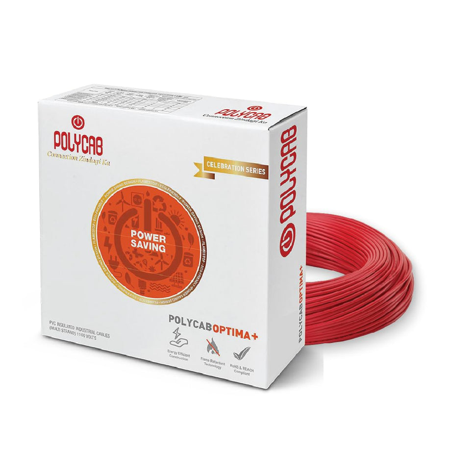 Polycab Optima plus 90m, 1sqmm. •Heat Resistant •Eco Friendly • PVC Insulated Copper Cable •Energy Saving •Flame Retardant •99.97% Electrolytic Grade Copper •Low Smoke【Red】