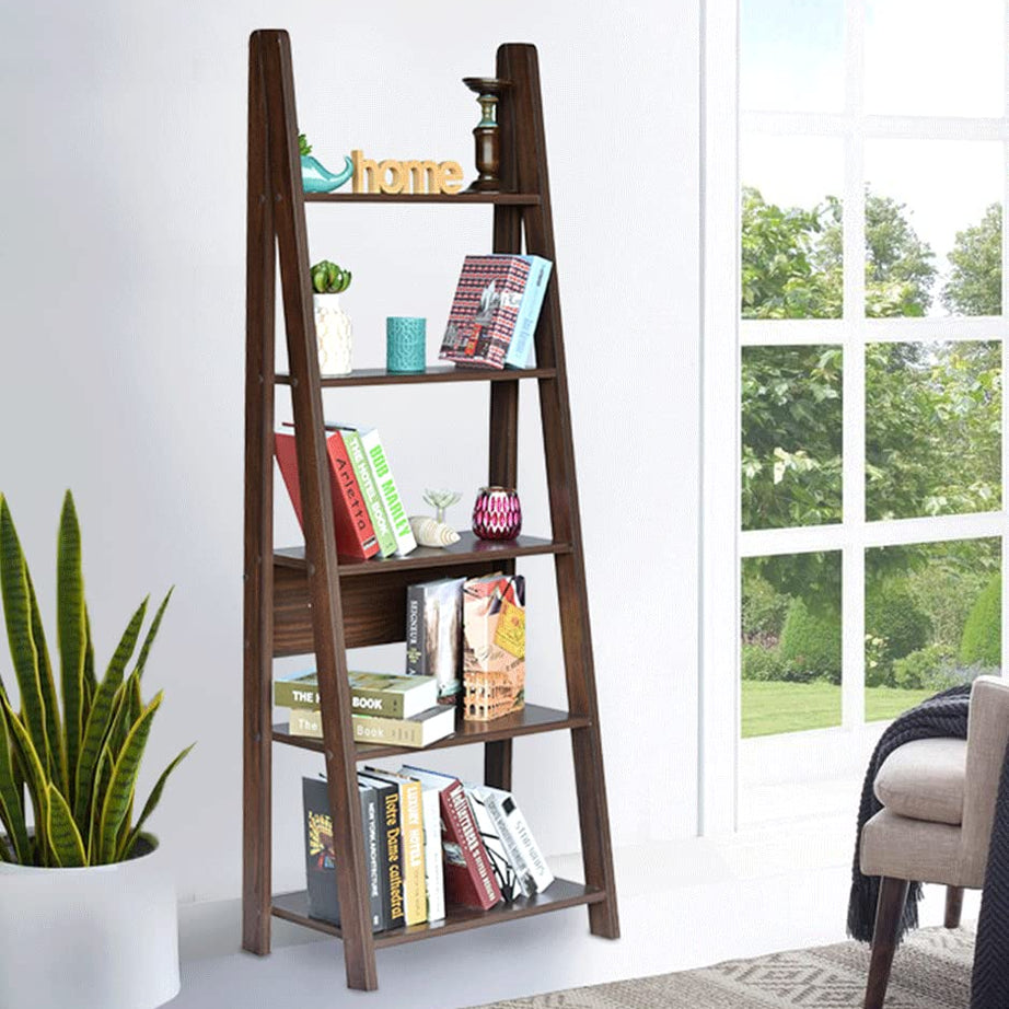 DeckUp Reno Engineered Wood Ladder Book Shelf and Display Unit (Walnut, Matte Finish)