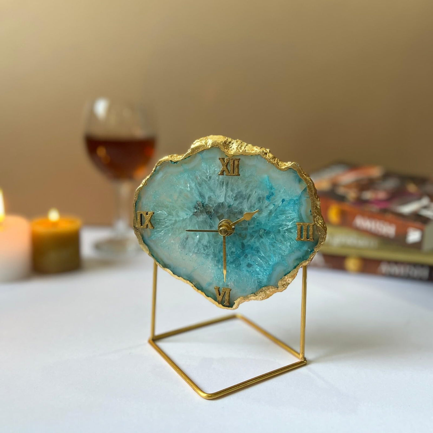 Homearte India Crystal Agate Stone Desktop Clock Antique Table Clock For Home, Studytable Shelf Clocks Vastu Items For Home For Good Luck- Turquoise - Analog, 11.43 Cm, 11.4 Cm