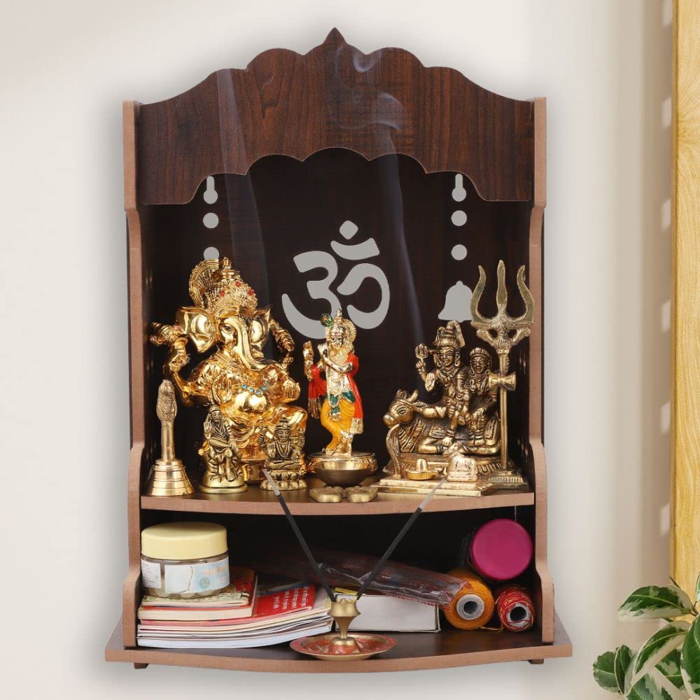 WALLZY Pooja Wooden Mandir for Home Wall Mounted | Wood Puja Home Temple with Double Shelf for Storage and God Idols Decoration for Living Room, Bedroom and Office