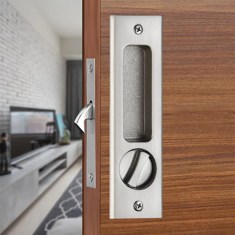 Victac Sliding Door Lock With Recessed Handle In Brushed Steel Finish With 3 Keys Interior Wood Pocket Door Lock Furniture Hardware, Pull Handle