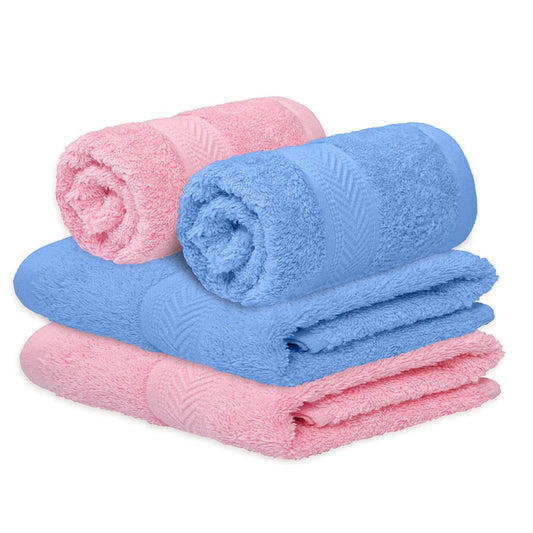 haus & kinder 100% Cotton Soft Hand Towel Set Super Absorbent Quick Dry Antibacterial Pack of 4 500 GSM (Pink & SkyBlue)