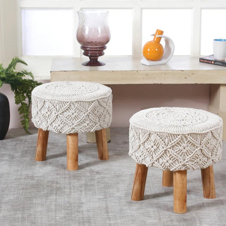 ShadowKart Pouffes Sitting Stool for Living Room, Make up Table Mudda Puffy Hand Knitted Wooden Ottoman Stools, Pouffe Footstool for Room Decoration & Dressing Table, 15x15 Inch, White, Combo