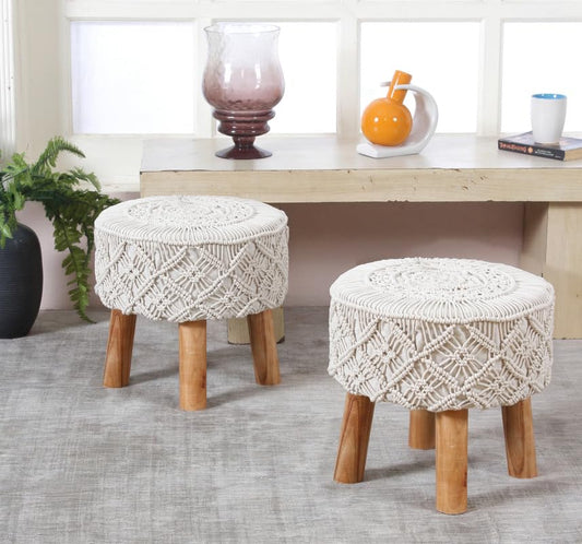 ShadowKart Pouffes Sitting Stool for Living Room, Make up Table Mudda Puffy Hand Knitted Wooden Ottoman Stools, Pouffe Footstool for Room Decoration & Dressing Table, 15x15 Inch, White, Combo