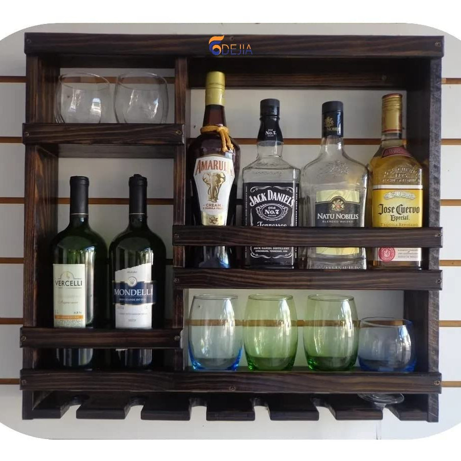 ODEJIA Jorden Wooden Wall Hanging Design Bar | Bar Cabinets for Home | Mini Bar for Home | Solid Sheesham Wood Make Wine Storage Cabinet with Glass Hanging Space-Walnut Brown Finish