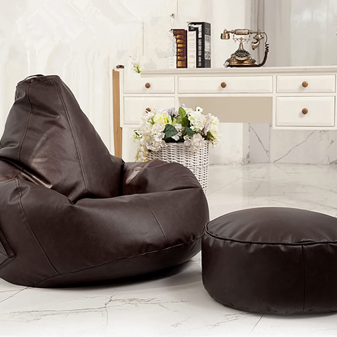 LEXAVI Brand - 4XL Combo Bean Bag with Foot-Rest Cover/Without Beans - (Royal Brown)