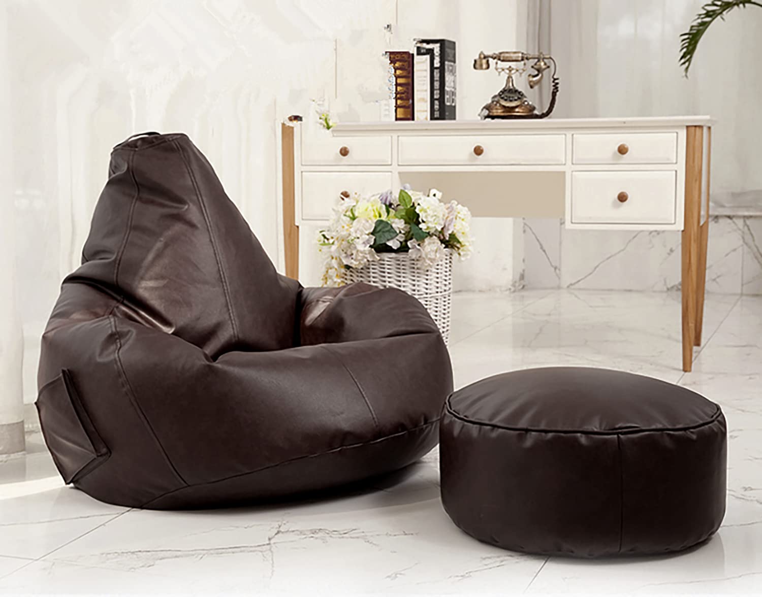 LEXAVI Brand - 4XL Combo Bean Bag with Foot-Rest Cover/Without Beans - (Royal Brown)