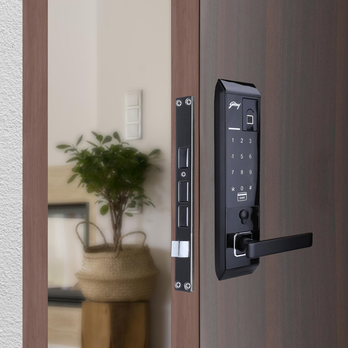 Godrej Advantis Revolution Smart Digital Lock for Wooden Door | 4 in 1 Access | Pin Access | Fingerprint | RFID Card | Mechanical Key | Black