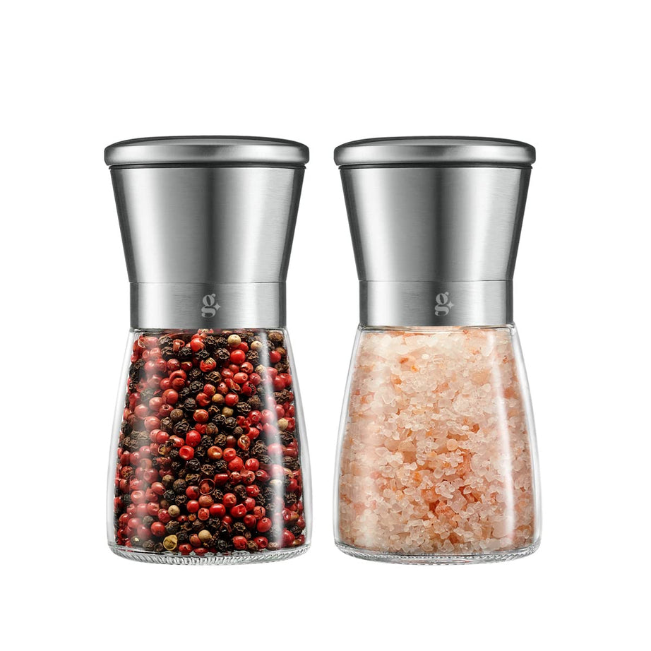 Salt and Pepper Grinder Set - Refillable Sea Salt & Peppercorn Stainless Steel Shakers - 5 Inch