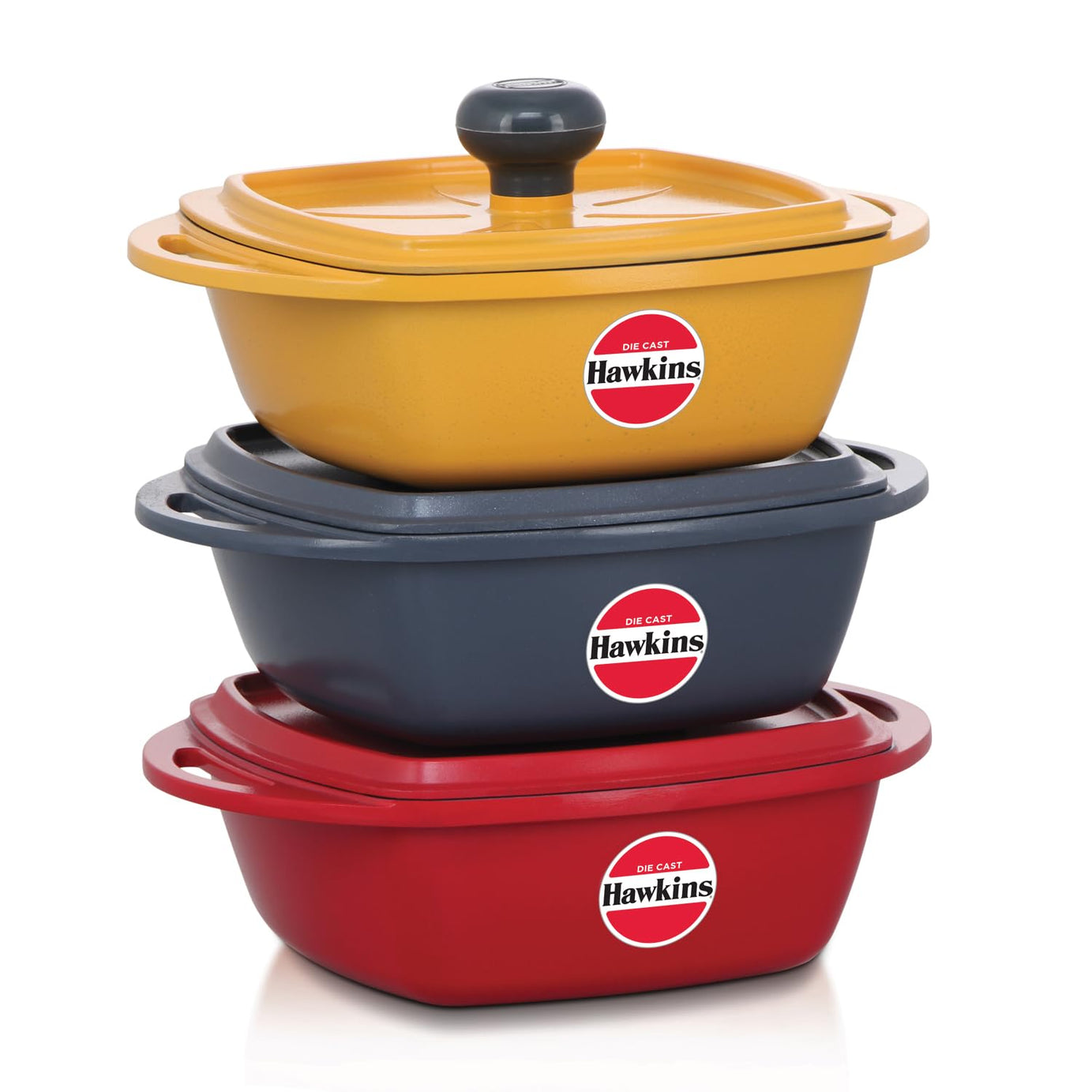 Hawkins Kitchen Gift Pack 2023 (23DGP) 3 Pieces Set of Die-Cast Square Mini Casseroles for Cooking, Reheating, Serving and Storing, Aluminium, Red, Yellow, Grey, 2.25 litre