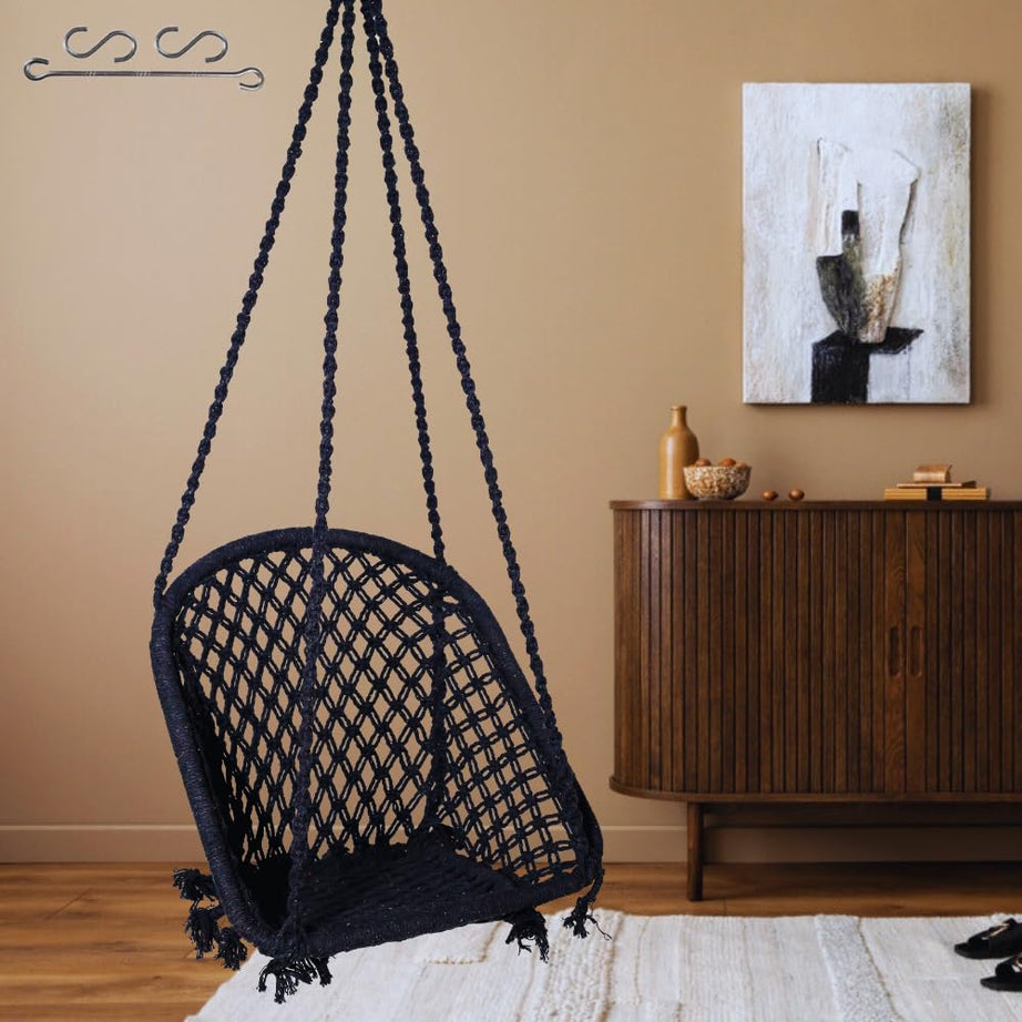 Patiofy D Shape Swing Chair/Swing for Adults & Kids/Swing for Balcony/Swing Chair for Adults for Home/Jhula for Adults/Jhoola/Swing for Indoor/Includes Hanging Kit -Black