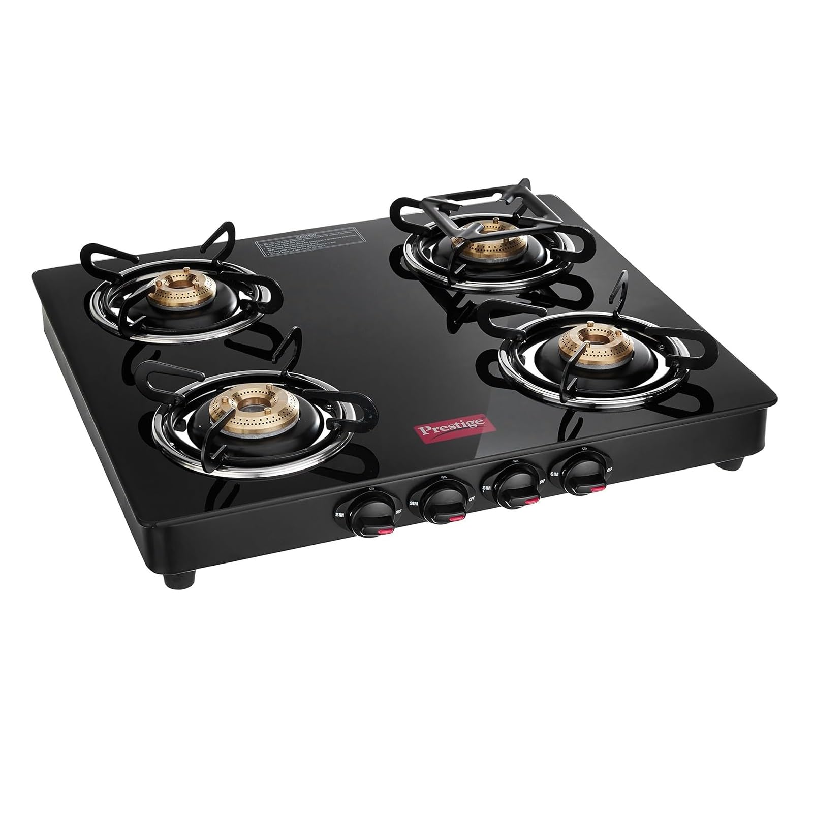 Prestige Marvel Glass Top 4 Burner Gas Stove, Manual Ignition, Tempered Glass, Black