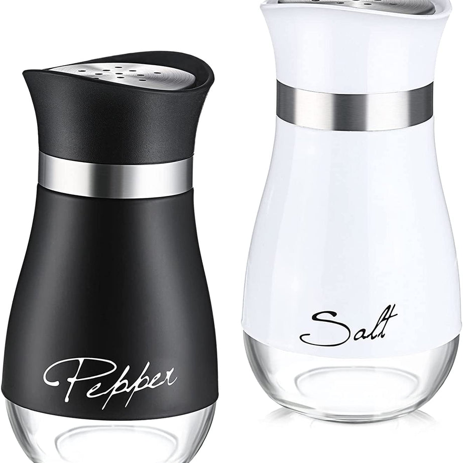 KITOME Salt and Pepper Shakers Set with Stainless Steel with Glass Bottom (Black & White).