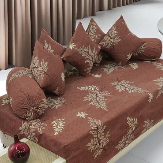 Aakriti Homes 8 Pcs Diwan Set Poly Cotton Fascinating Diwan Bedsheet|1 Single Bedsheet| 2 Bolster Covers|5 Cushion Covers|110 GSM (Brown Leaf)