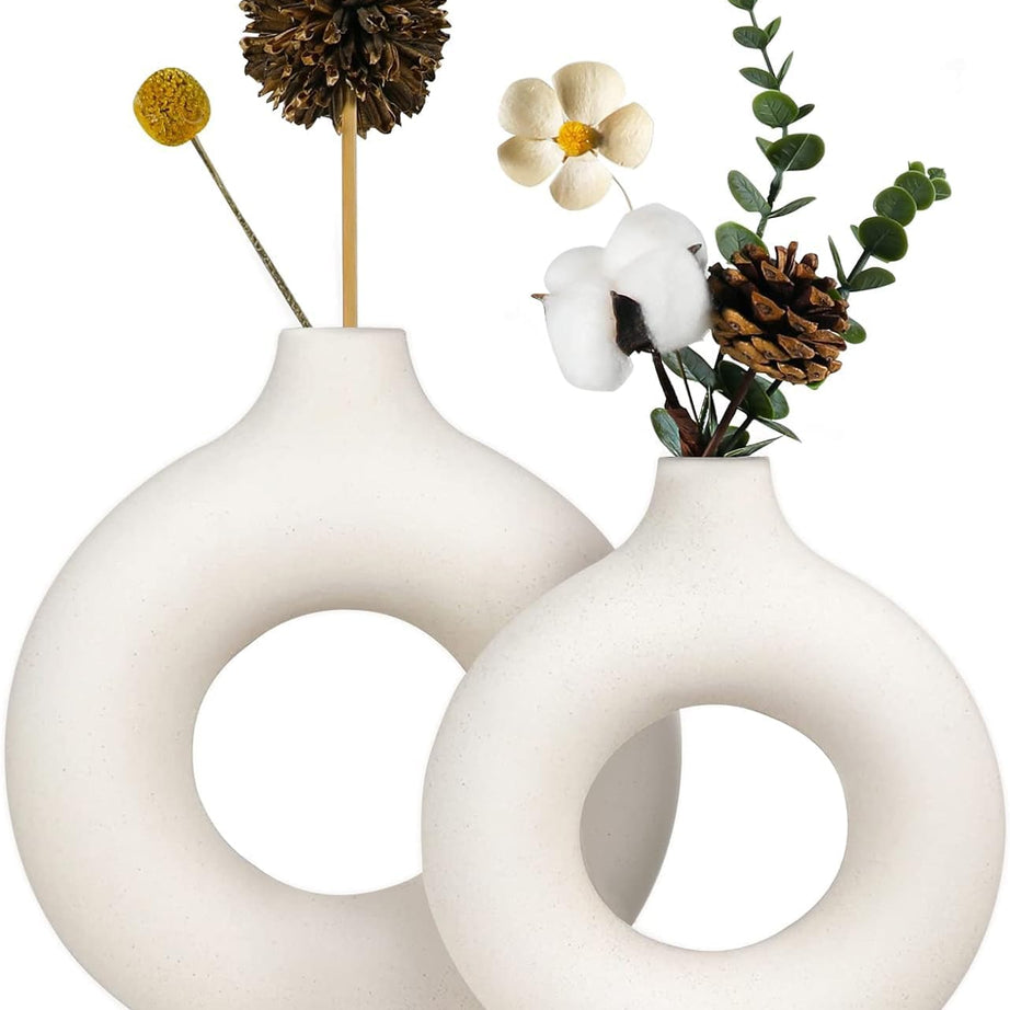 TIED RIBBONS Decorative Donut Vase Set of 2 (White, 8.5 & 6 Inches) for Flowers Plants Pampas Grass Home Decor Living Room Bedroom Office Center Round Ceramic Vases Table Decoration Item