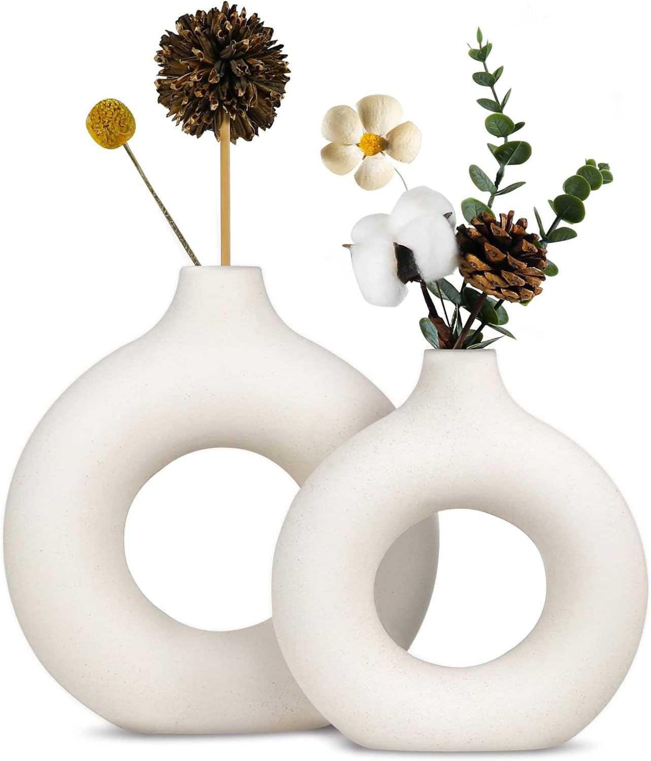 TIED RIBBONS Decorative Donut Vase Set of 2 (White, 8.5 & 6 Inches) for Flowers Plants Pampas Grass Home Decor Living Room Bedroom Office Center Round Ceramic Vases Table Decoration Item