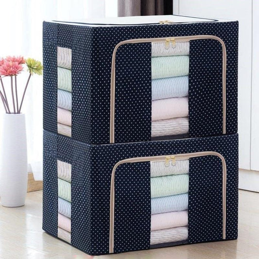 BIYALI Fabric Clothes Storage Box for Wardrobe Cloth, Saree, Towel, Blanket Foldable Organizer Bag with Steel Frame, Top and Front Zipper Open Bags (Pack of 1 | Polka Dot Blue) (66L)