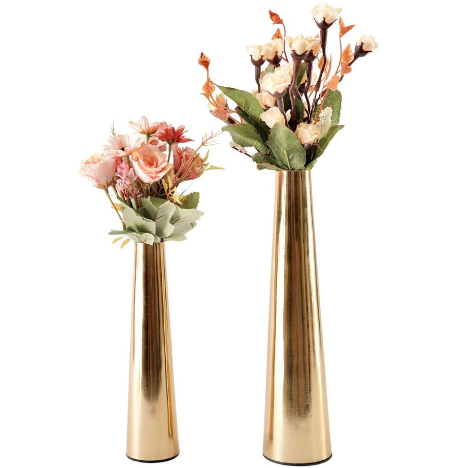 Behoma Golden Metal Slim Cone Flower Vase for Home Decor Bedroom Living Room Office Wedding | Table Decorative Item for Festivals Birthday (Flower Not Included) (Set of 2)