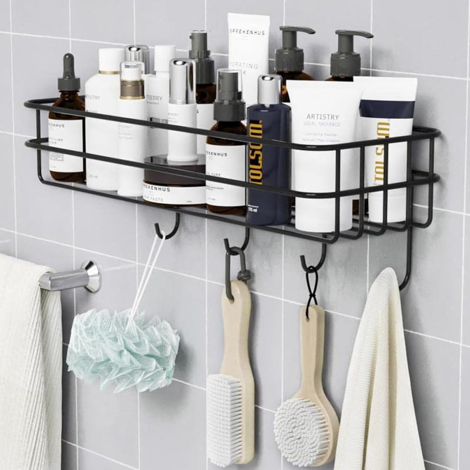 JIALTO Bathroom Stand Wall-Mounted Bathroom Accessories, Bathroom Shelf for Wall, Bathroom Organiser, Adhesive Washroom Organizer with Hooks, Black Bathroom Rack & Towel Holder Stand, Pack of 1