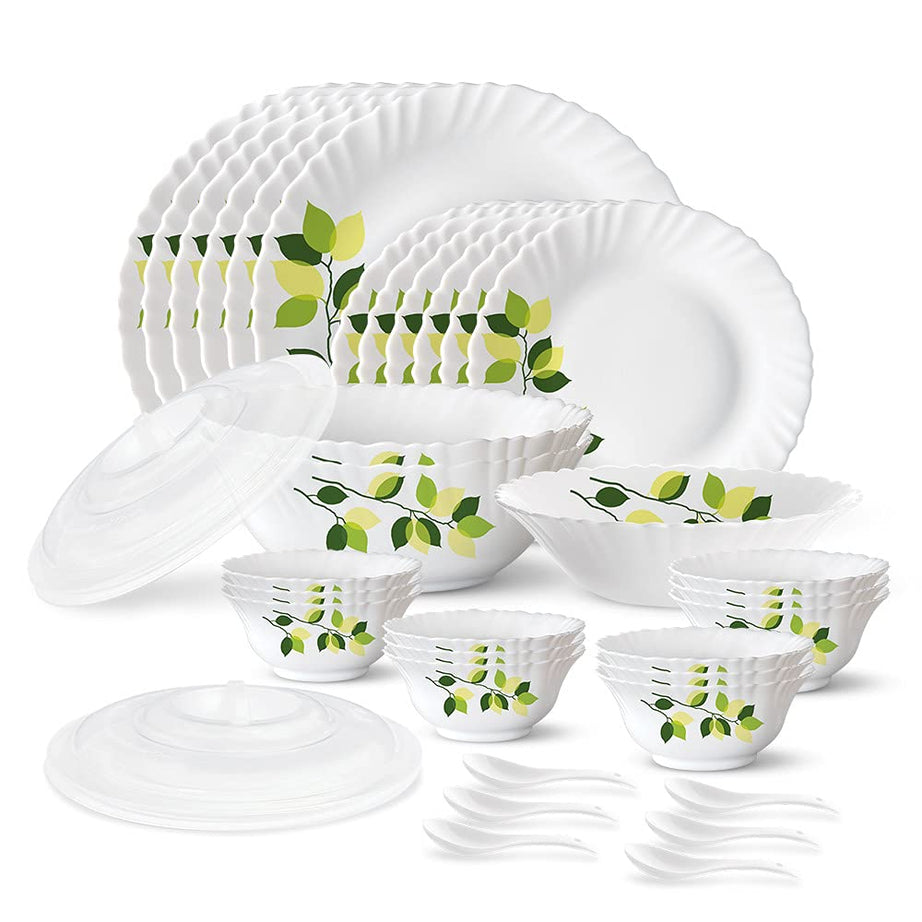 Larah by Borosil Green Leaves Silk Series Opalware Dinner Set | 35 Pieces for Family of 6 | Microwave & Dishwasher Safe | Bone-Ash Free | Crockery Set for Dining & Gifting | Plates & Bowls | White