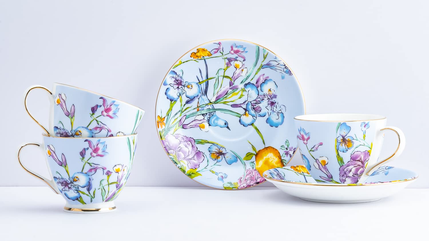 GOLDEN QUEEN'S Floral Cups & Saucer set for Coffee/Tea/Hot Drinks - Set of 12 pcs (Blue floral)