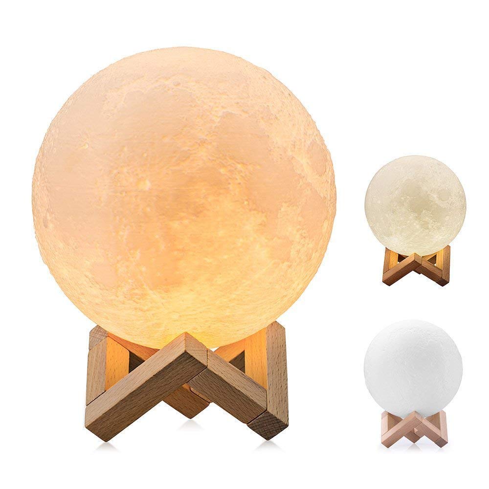 XERGY 10 cm 3D Rechargeable Moon Lamp with Touch Control Adjust Brightness with Wooden Stand 3D Print for rakshabandhan gift for sister Home Decoration 1 Unit - 2 Colors (Warm White, Cool White)