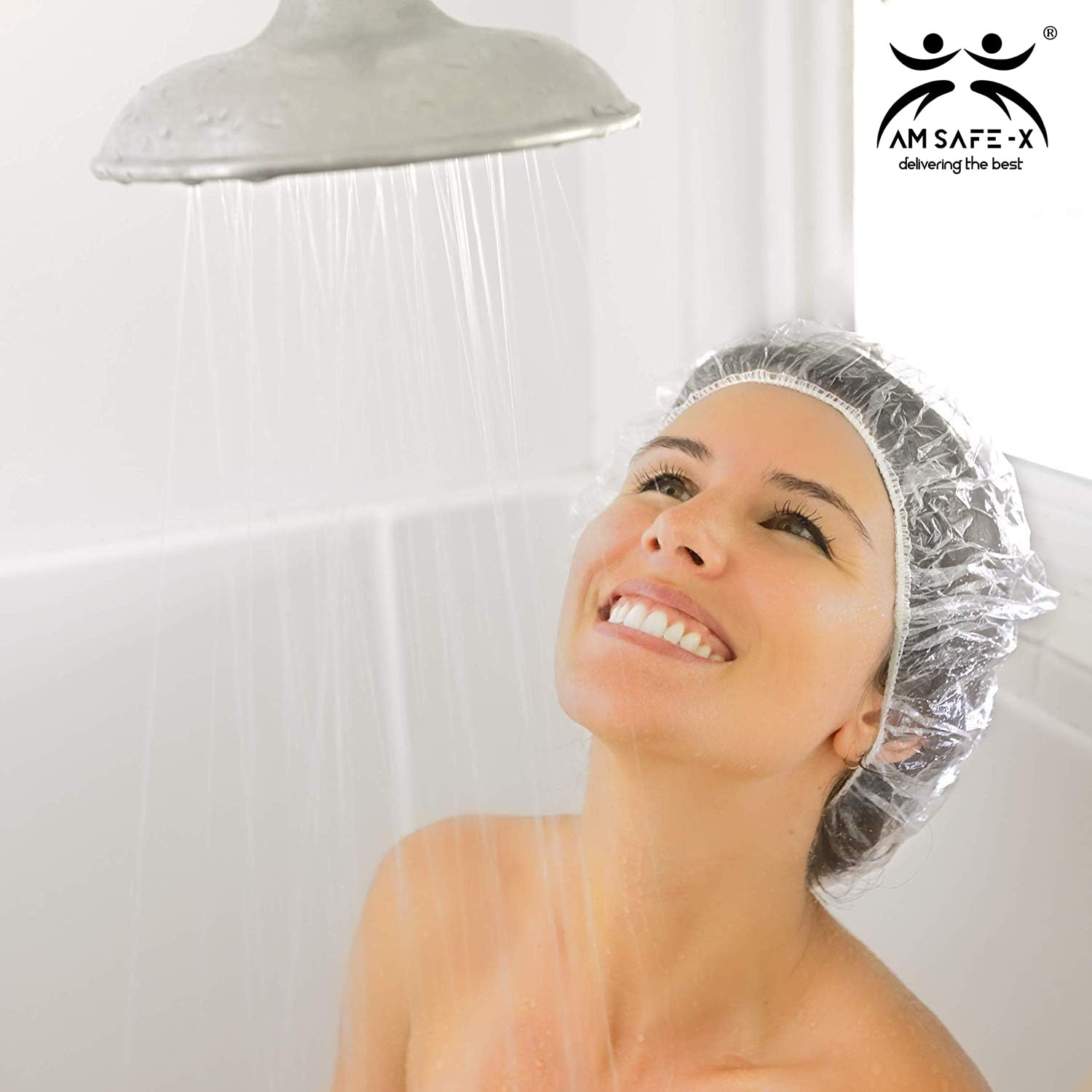 AM Safe X Shower Cap (Pack of 100) Free Size | Reusable Shower Caps for Men & Women | Hair Bath Caps for Hotel and Spa | Hair Salon | Home Use |Portable Travel