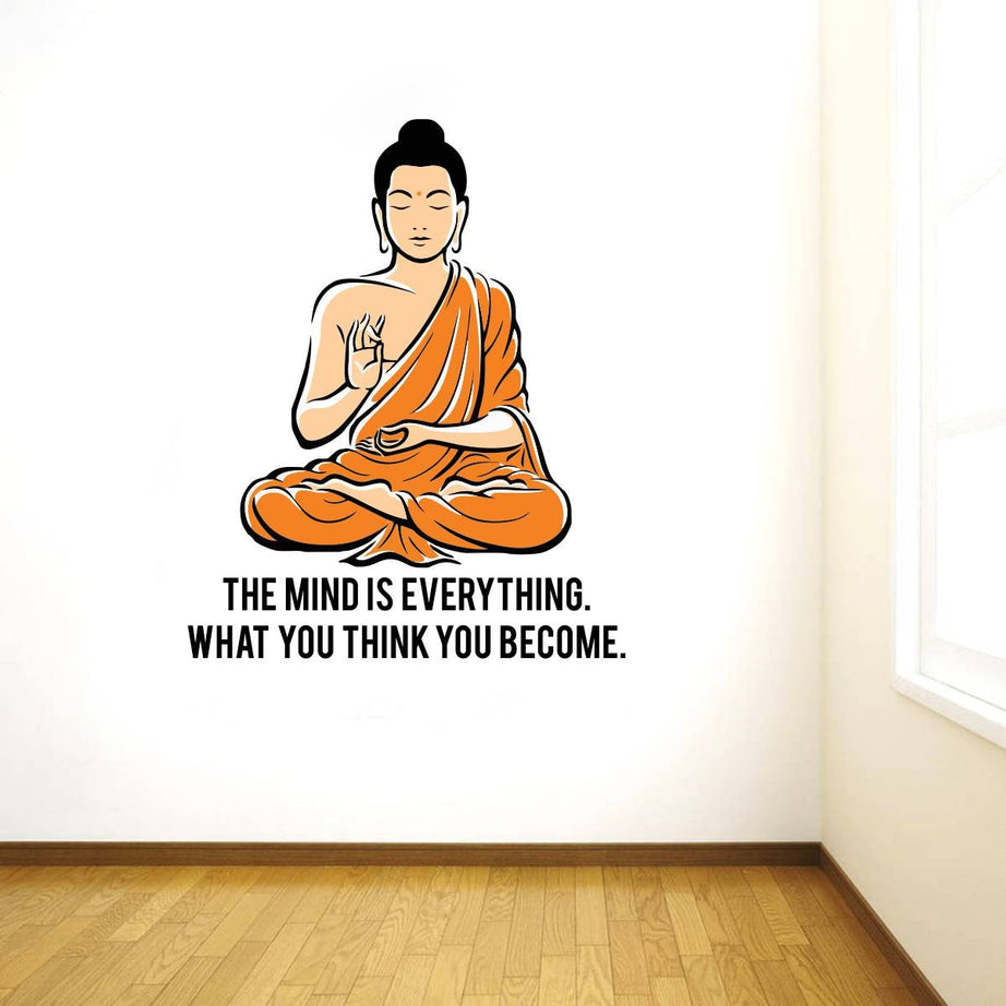 Rawpockets Decals ' Peaceful Buddha and Quote on Mind ' Large Size (Wall Coverage Area - Height 75 cms X Width 95 cms)(Pack of 1) Wall Sticker