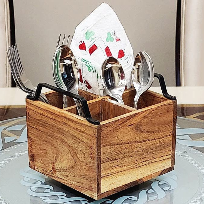 appeasy Wooden Cutlery Utensil Holder with 4 Compartment Revolving, Silverware Condiment Organizer for Kitchen, Dining-Set of 1