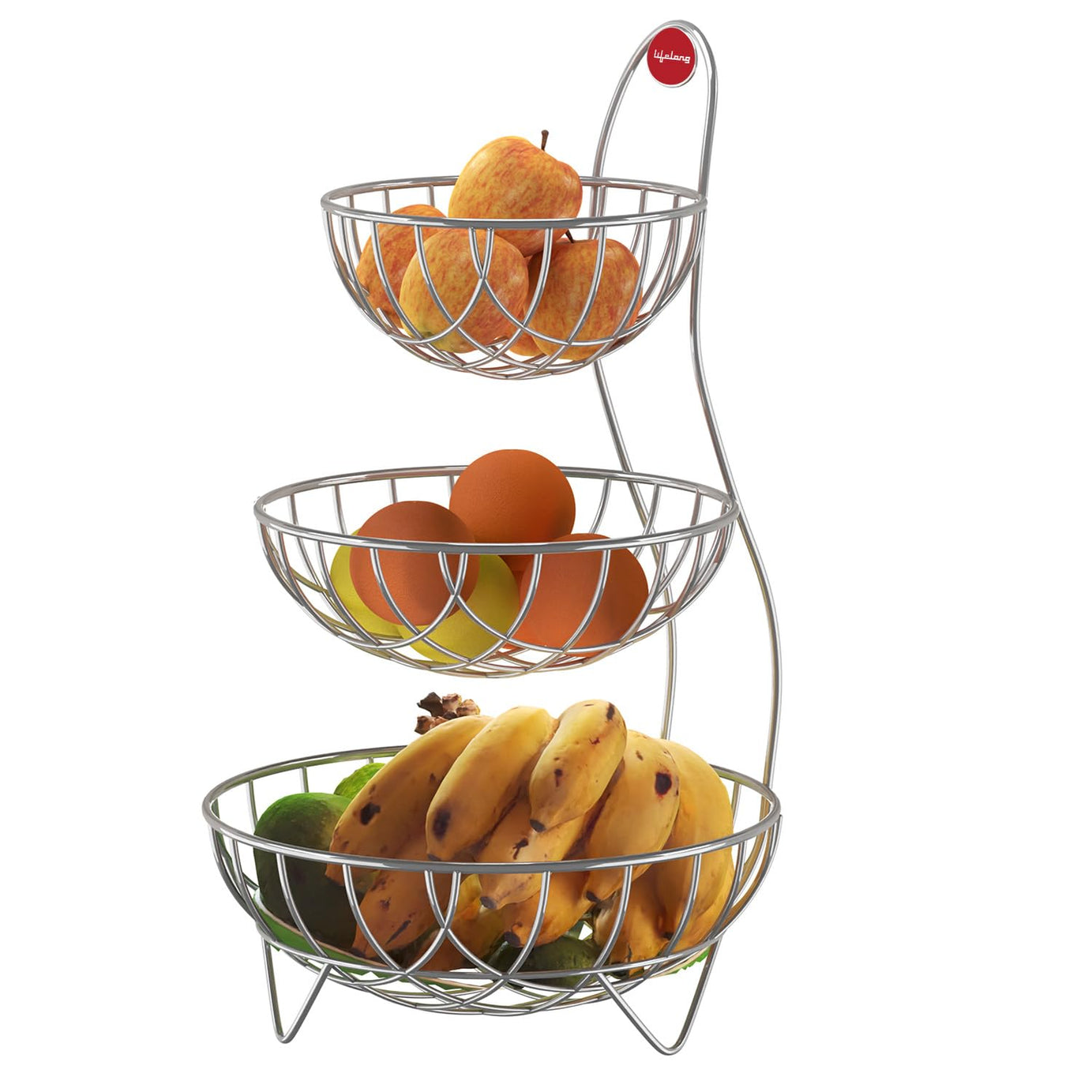 Lifelong Table Top Fruit Basket for Dining Table & Kitchen Storage - 3 Tier High Grade Stainless Steel Fruit & Vegetable Rack - Counter Top Organizer for Onion Potato - Basket For Storage (Chrome)