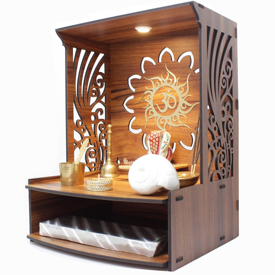 FOXIT Laabh Beautiful Wooden Pooja Stand for Home Pooja Mandir for Home Temple for Home and Office Puja Mandir for Home Wall Mounted with LED Spot Light Size (H- 15.5, L- 11.5, W-11 in) T2