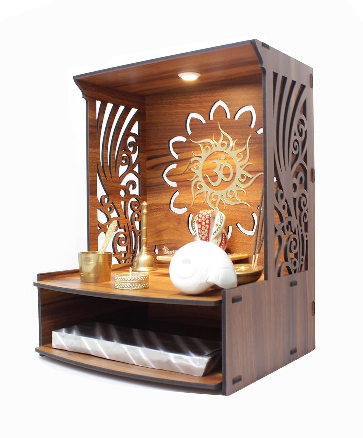 FOXIT Laabh Beautiful Wooden Pooja Stand for Home Pooja Mandir for Home Temple for Home and Office Puja Mandir for Home Wall Mounted with LED Spot Light Size (H- 15.5, L- 11.5, W-11 in) T2