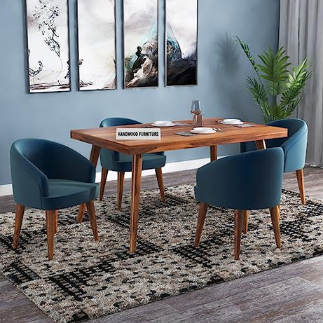 HANDWOOD FURNITURE Premium Sheesham Wood Dining Table (57x35) with 4 Chairs | 4 Seater Dining Set | Wooden Dining Table with Chair - Dining Room Furniture | Honey Finish with Blue Cushions