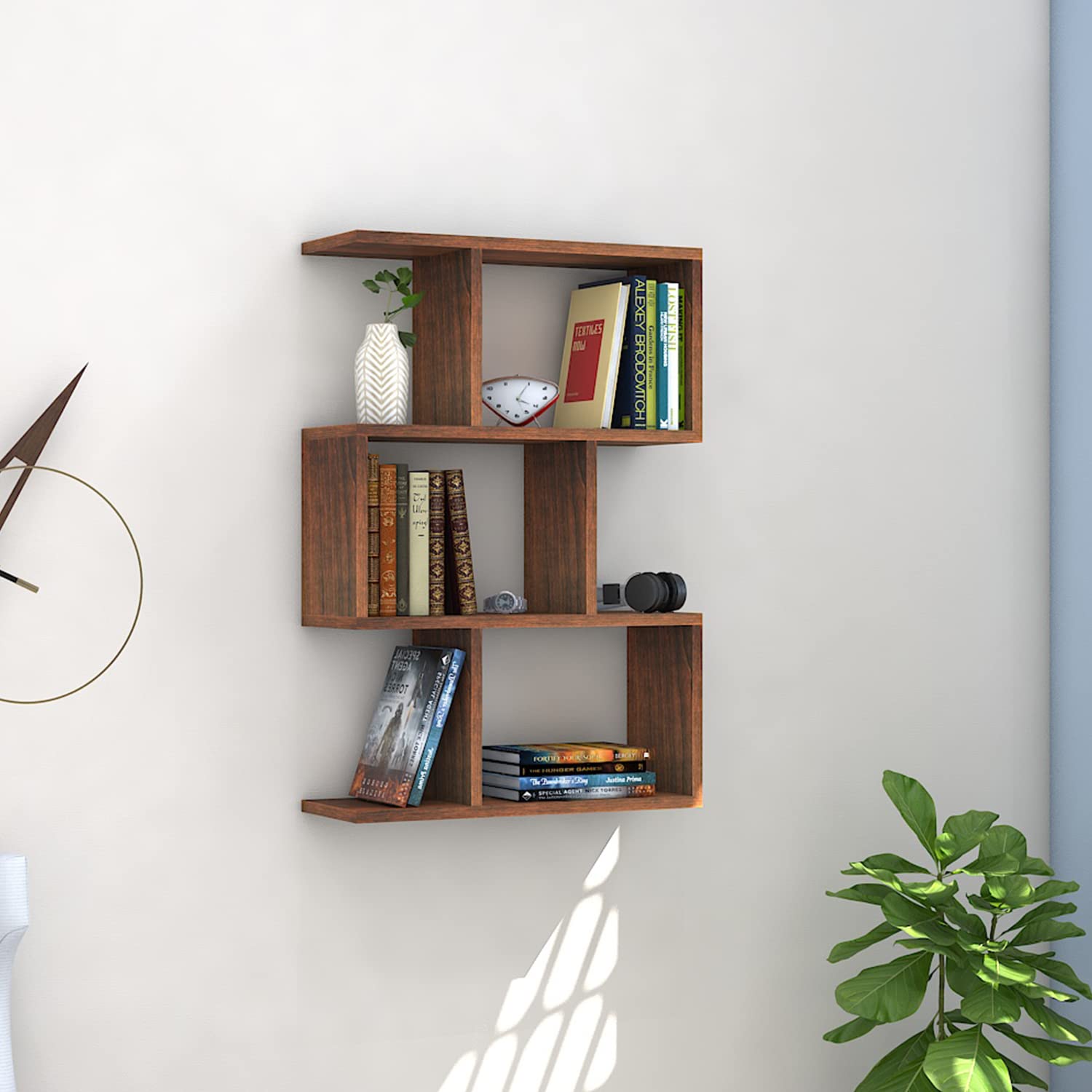 Klaxon Omega Decor Wooden Wall Shelves (Matte Finish, Walnut)