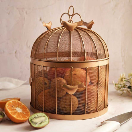 Delight World Fruit BulBul Basket with mesh (Jaali) & Lid Countertop Ideal for Storing Fruits, Vegetables | Fruit storage basket with lid | Insect Proof | Size-10x10x13 Inches (Golden) Round