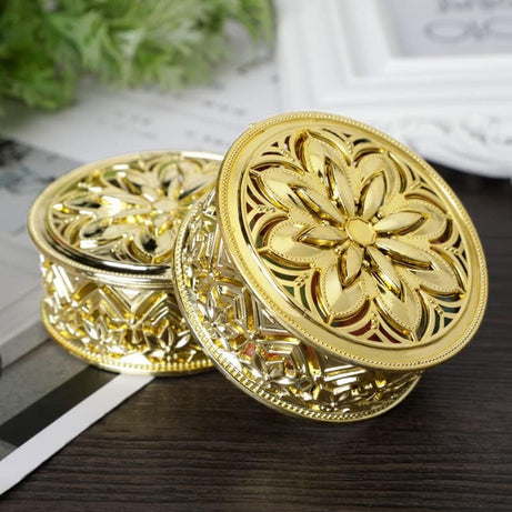 SATYAM KRAFT 6 Pcs Round Golden Decorative Box For Mini Storage, Gift box, Rakshabandhan, Ring Jewellery Trinket Box, Candy Container Case DIY, Birthday Decoration Item (Golden Boxes)(Small)(Acrylic)