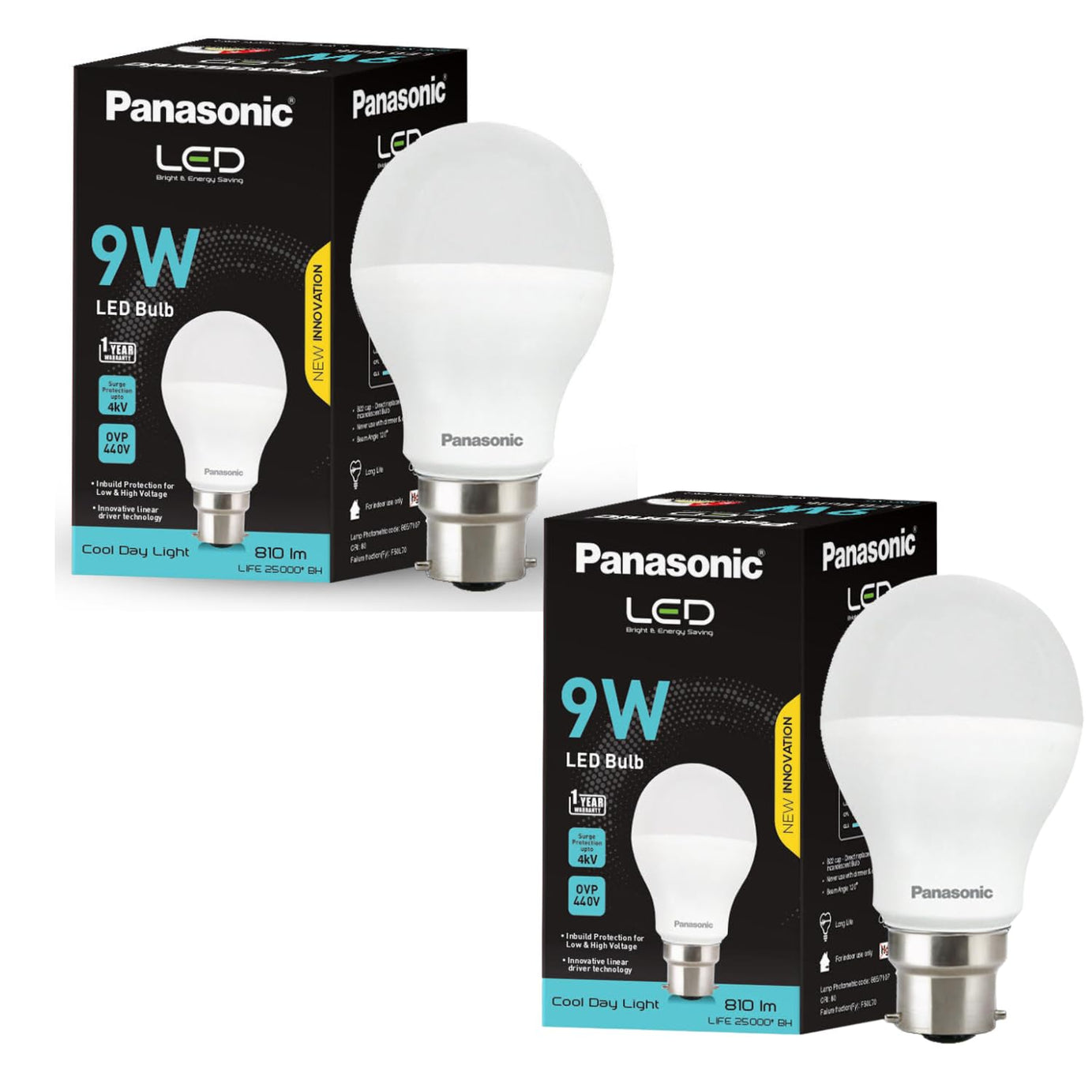 Panasonic 9W LED Bulb | LED Bulb 9 watt with B22 Base | 4kV Surge Protection 9 Watt Bulb (Cool Day Light, Pack of 2)